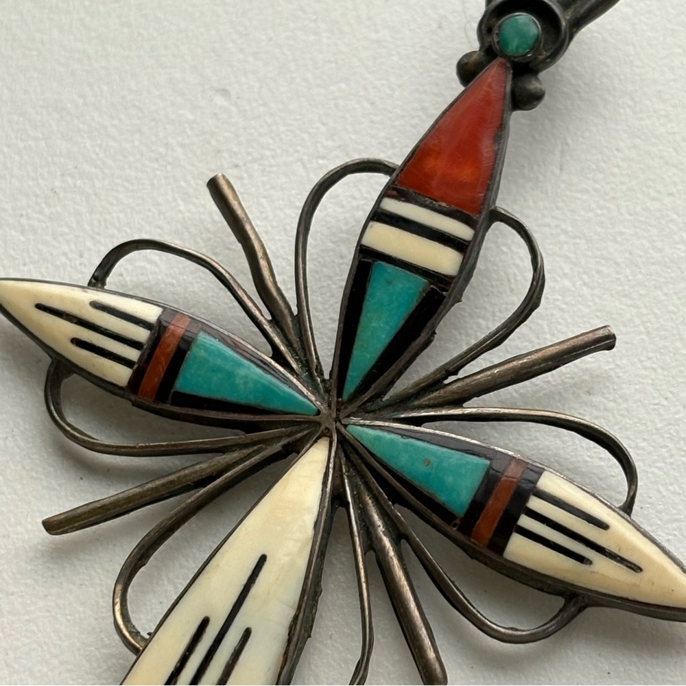 Sterling Zuni Adeline Bownannie Turquoise MOP Onyx  Coral inlay mosaic cross - Picture 12 of 16